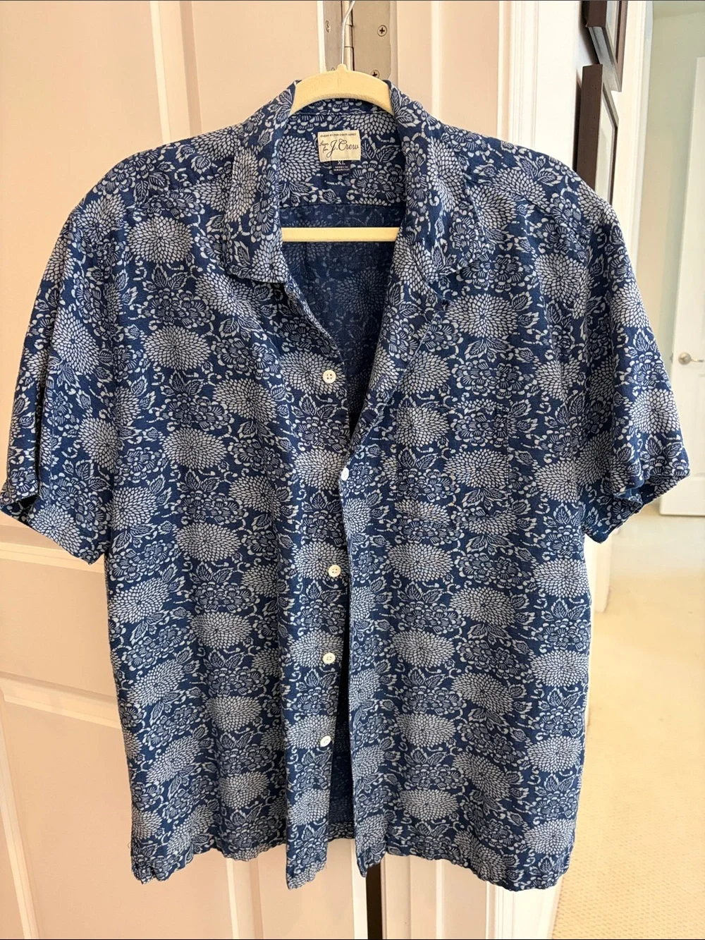 J. Crew Navy and White Floral Short-Sleeve Button-Down Shirt